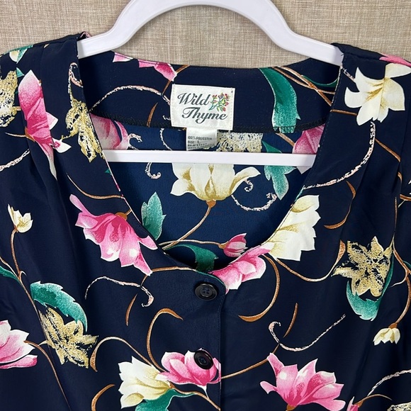Wild Thyme Vintage Floral Button Down Short Sleeve Navy Blue Polyester Blouse - Picture 4 of 8